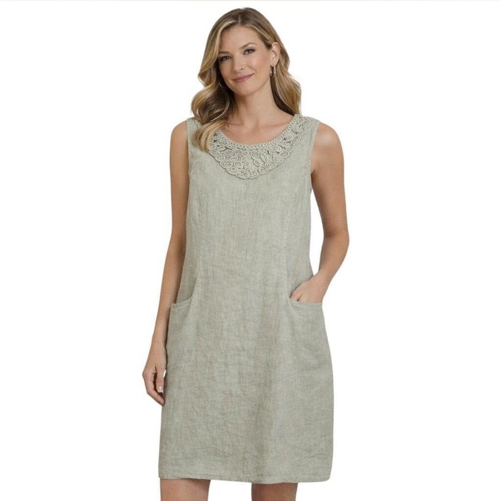 Lungo L’Arno | Italian Linen Dress Crochet Neckline Pockets Sage Green, Size L